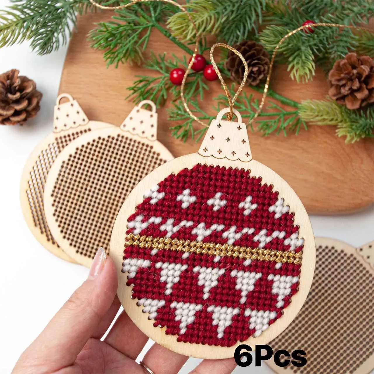 6Pcs Christmas Cross Stitch Hole Carving Wooden Pendant Embroidery Slices DIY for Xmas Holiday Christmas Tree Decorations