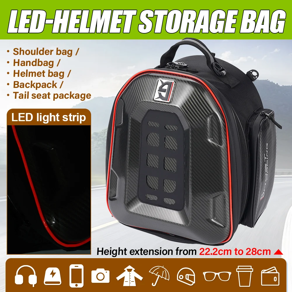 

Multi-Function LED Motorcycle Helmet Storage Bag Multi-Function Tail Bag Waterproof With Anti-Theft Password Lock ﻿