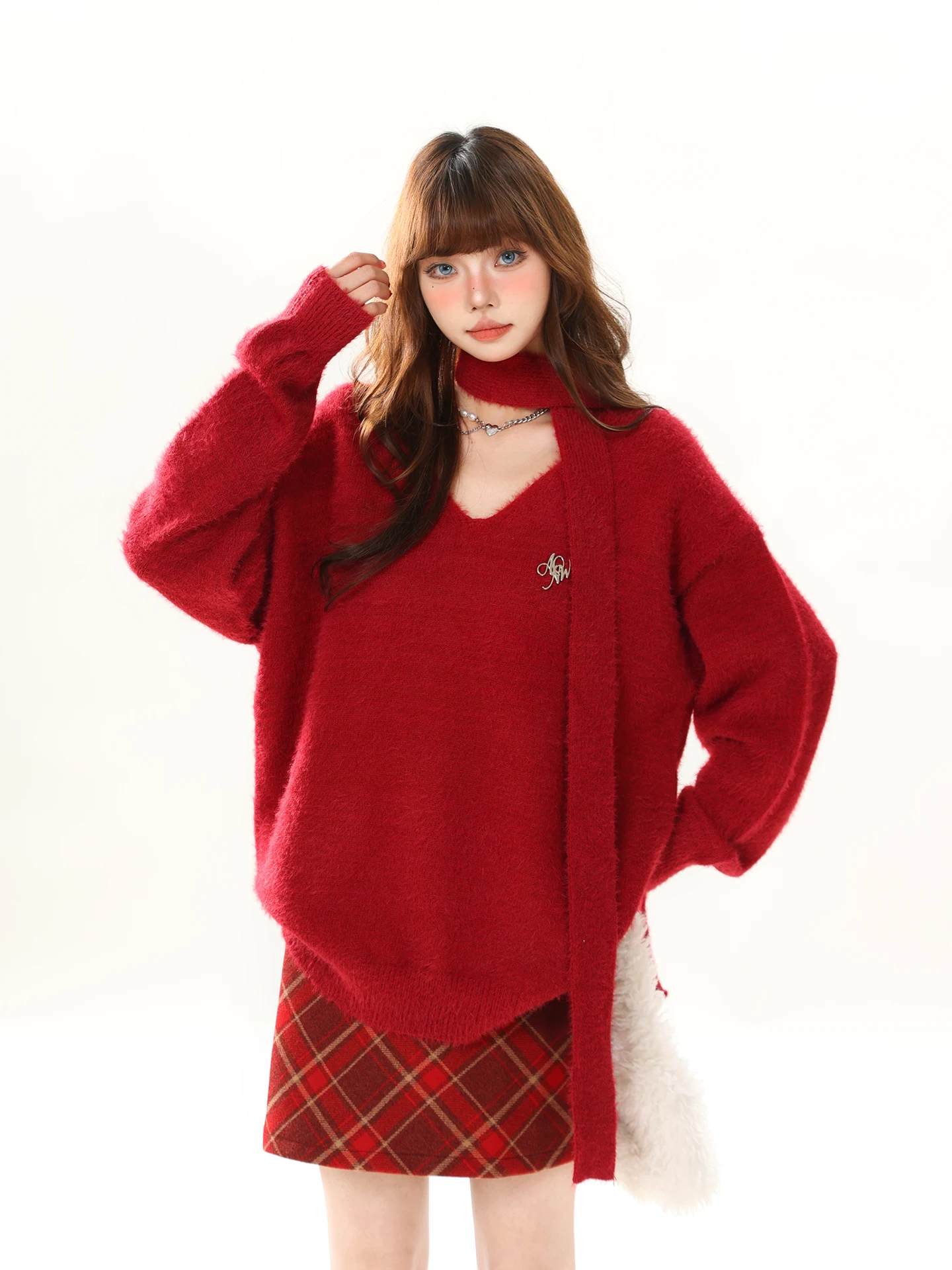 

Красный свободный вязаный свитер с v-образным вырезом, женский ретро ленивый шарф, новогодний шарф Aosphere Sensation, повседневный длинный свек средней длины