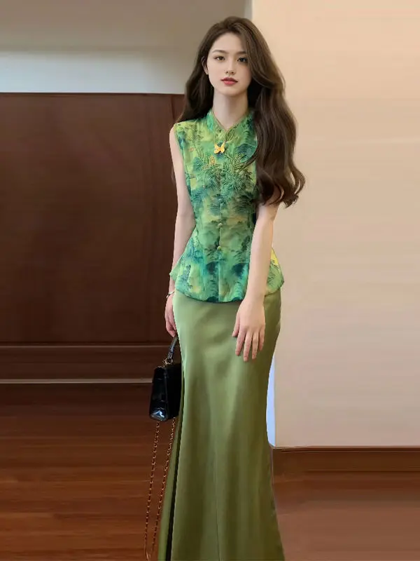 

Stunning Acetate Satin Sleeveless Top And Half-length Skirt Set for Important Occasions New Chinese Style National Fashion Wo...