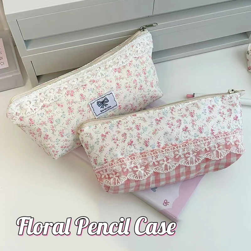 New【High Quality Sweet Lace Floral Design Pen Bag Large Capacity Multifunctional Stationery Bag Pencil Case Students Supplies】
