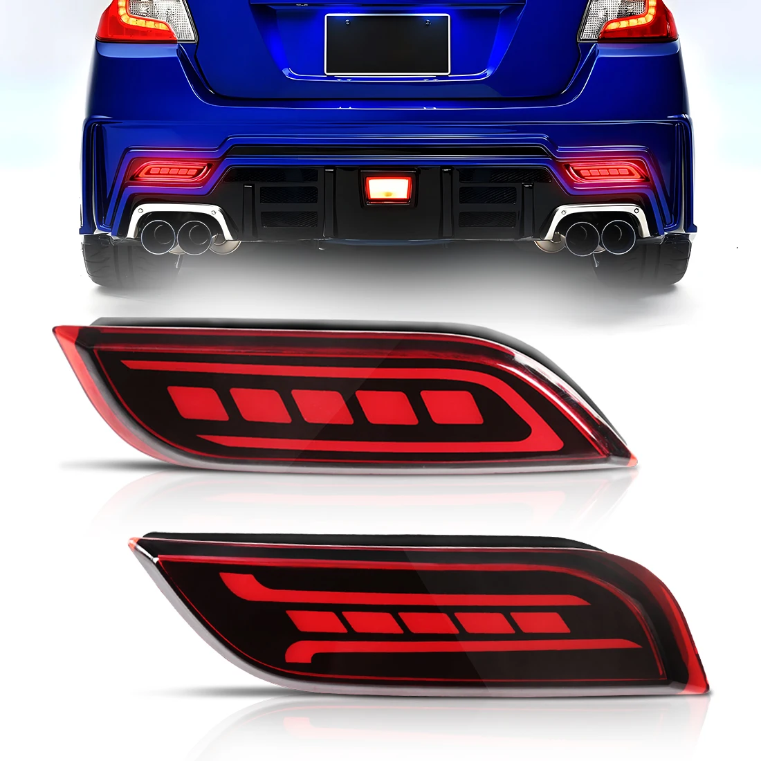 

Для Subaru Impreza WRX 2007-2023 светодиодный фонарь заднего бампера, анимация запуска, указатель поворота, стоп-сигнал, дальний свет, красные линзы
