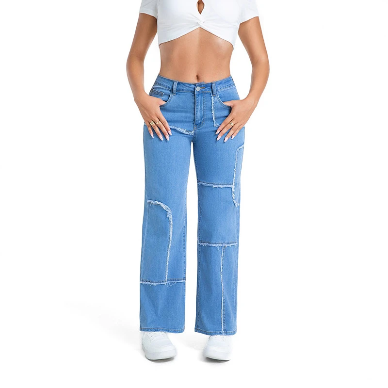 Women Fashion Spliced Raw Edge Jeans 2026 New Basic Solid Pockets Straight‑Leg Long Pants Casual Loose Mid‑Rise Denim Trousers