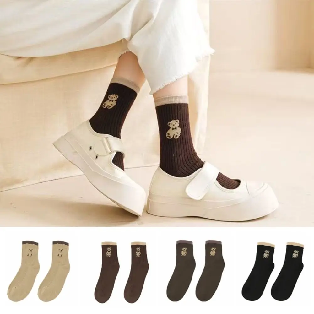 

10Pairs Ins Cartoon Tube Socks Women Breathable Harajuku Cute Bear Socks Stripe Hosiery Mid-Calf Socks Women