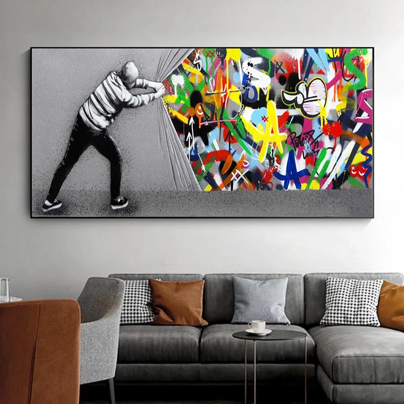 Large Size Street Art Banksy Graffiti Wall Art Behind The Curtain Canvas Paintings Wall Art Pictures for Living Room Decor