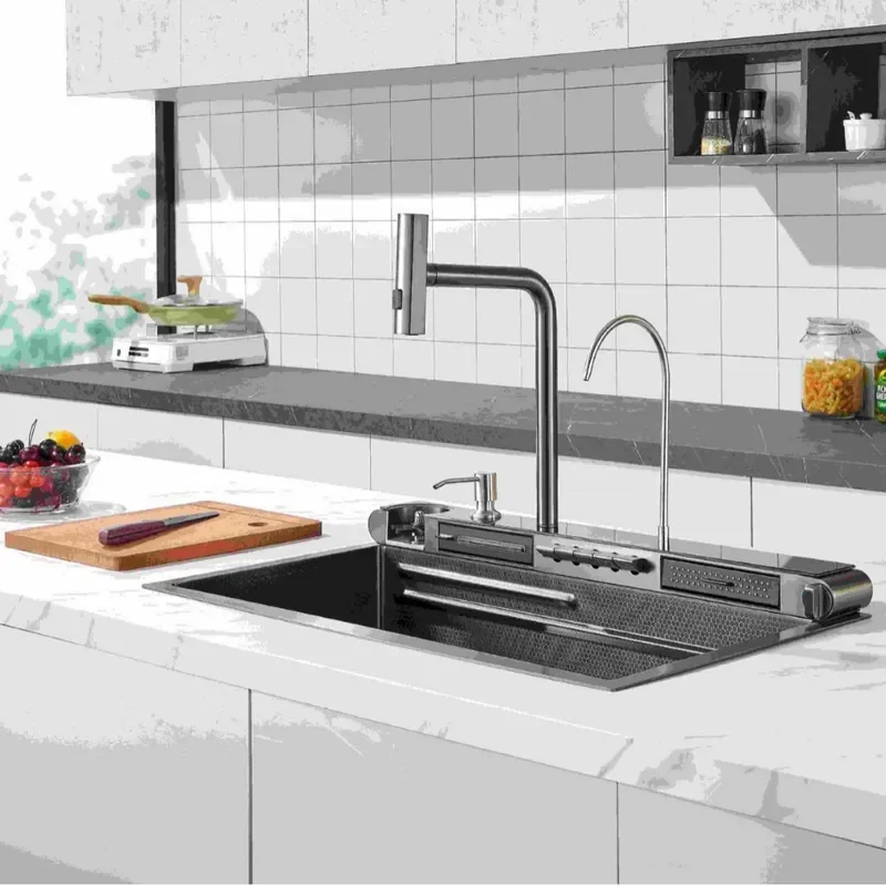 Stainless Steel Thickened Honeycomb Waterfall Sink Set Large Single Bowl Kitchen Handmade Basin with Vegetable Washing Basket