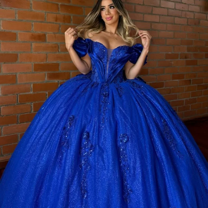 

Shiny royal blue Quinceanera Dress off-shoulder crystal glitter decal 3D flower Long tail vestidos de 15 Quinceanera ﻿Customize