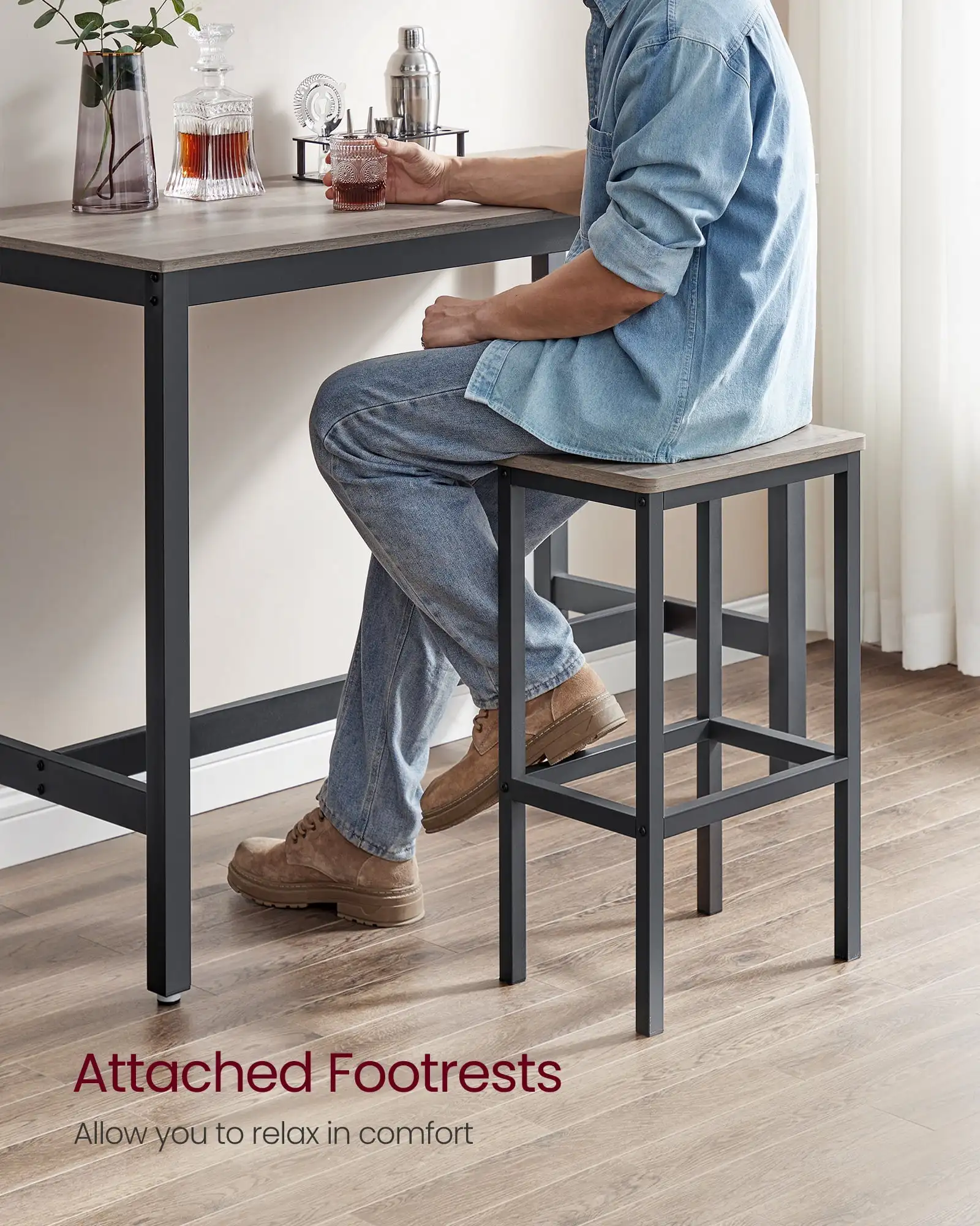 Industrial Bar Table Set Dining Table Kitchen Dining Table Set with 2 Stools Greige and Black