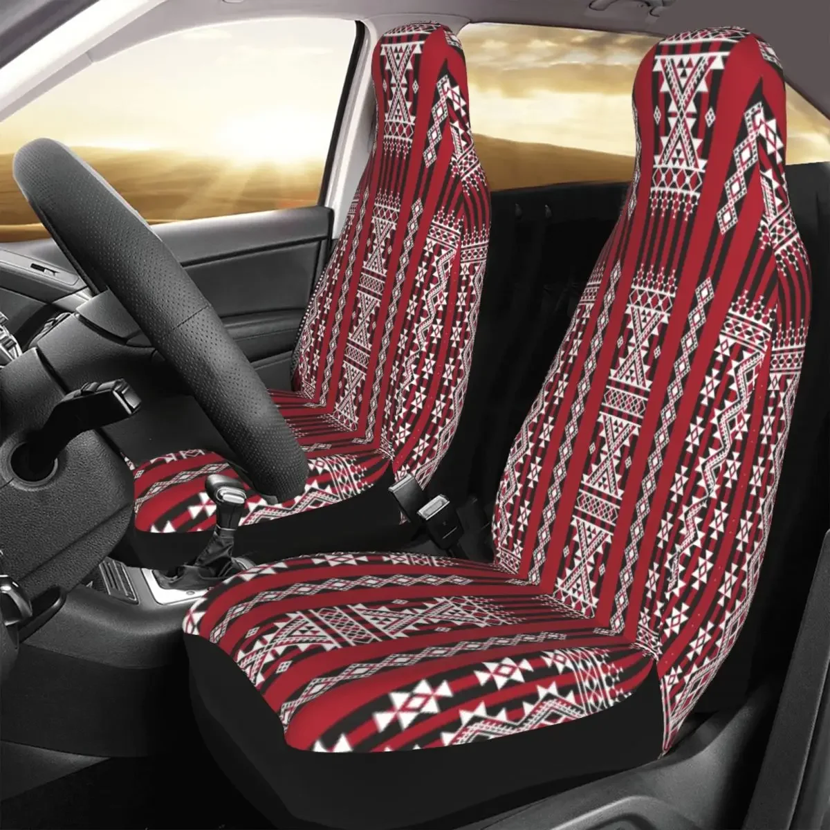 Red Kabyle Carpet 3D Print Pattern Universal Auto Car Seat Covers Universal Fit for SUV Van Geometric Seat Protector Cover 2 PCS