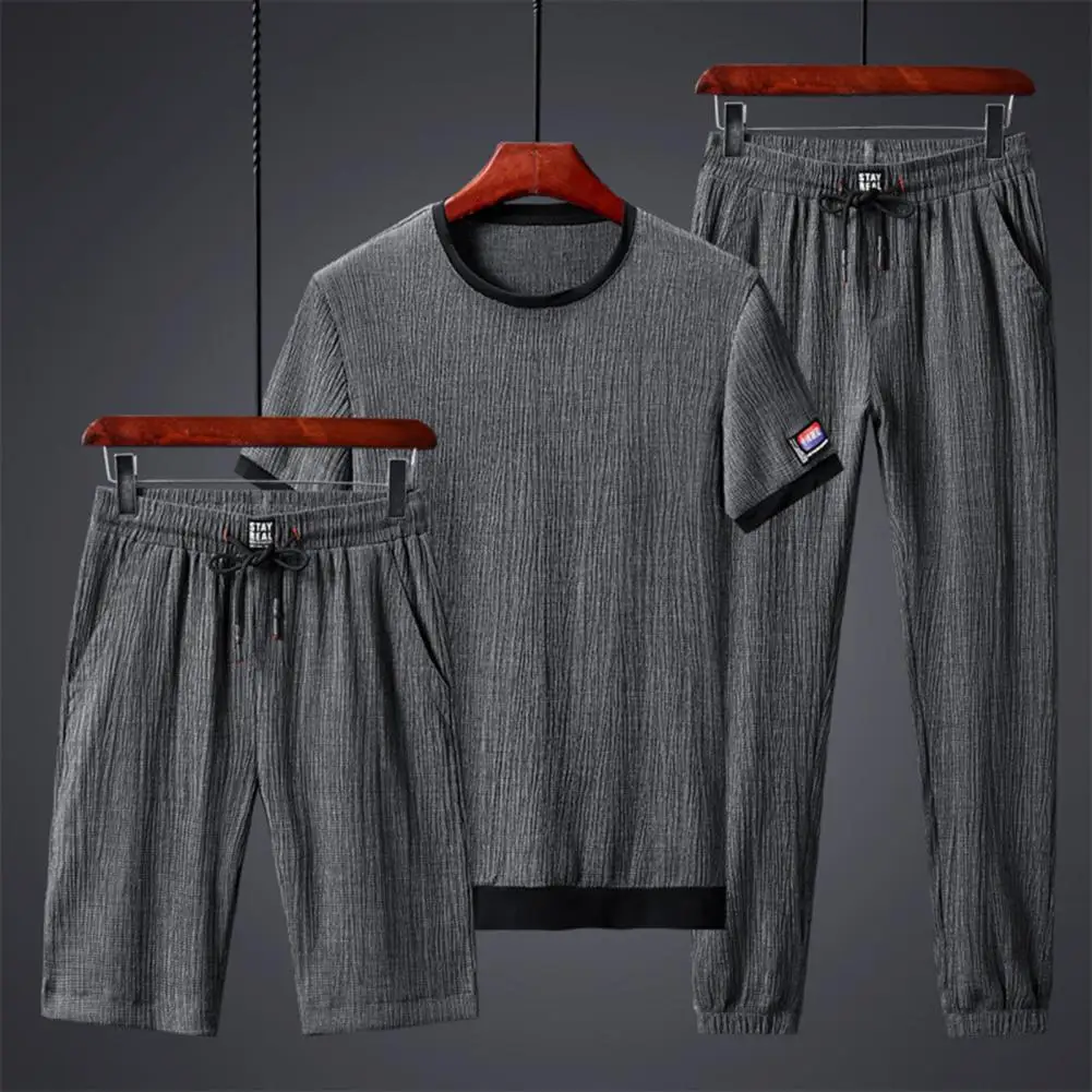 Mens 3 Piece Fashion Sports Suit Men T-shirt Shorts Trousers Ice Silk Gym Outfit Jogging Polyester Men Sportwear Set Streetwear