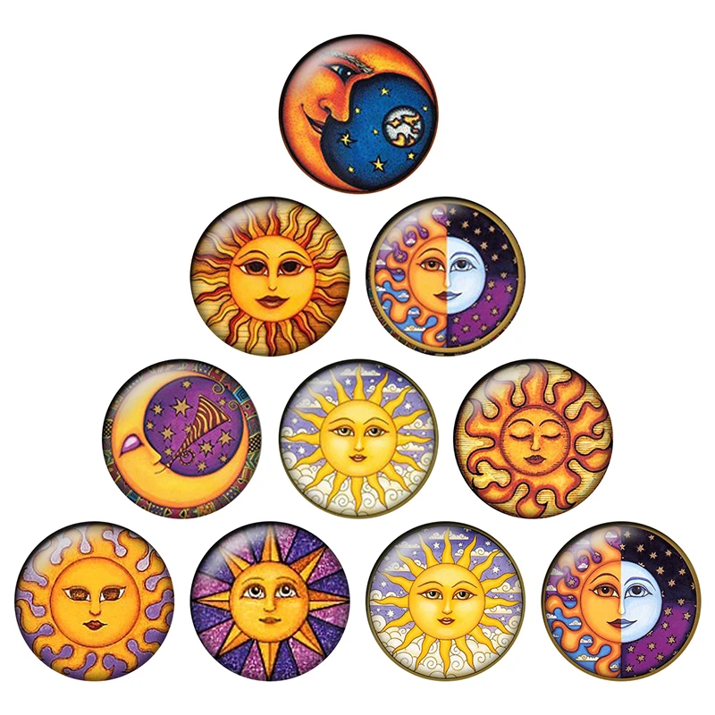 24pcs/lot New Sun and Moon Vintage Patterns Round Glass Cabochon Flat Back Making Findings Snap Button Jewelry H025