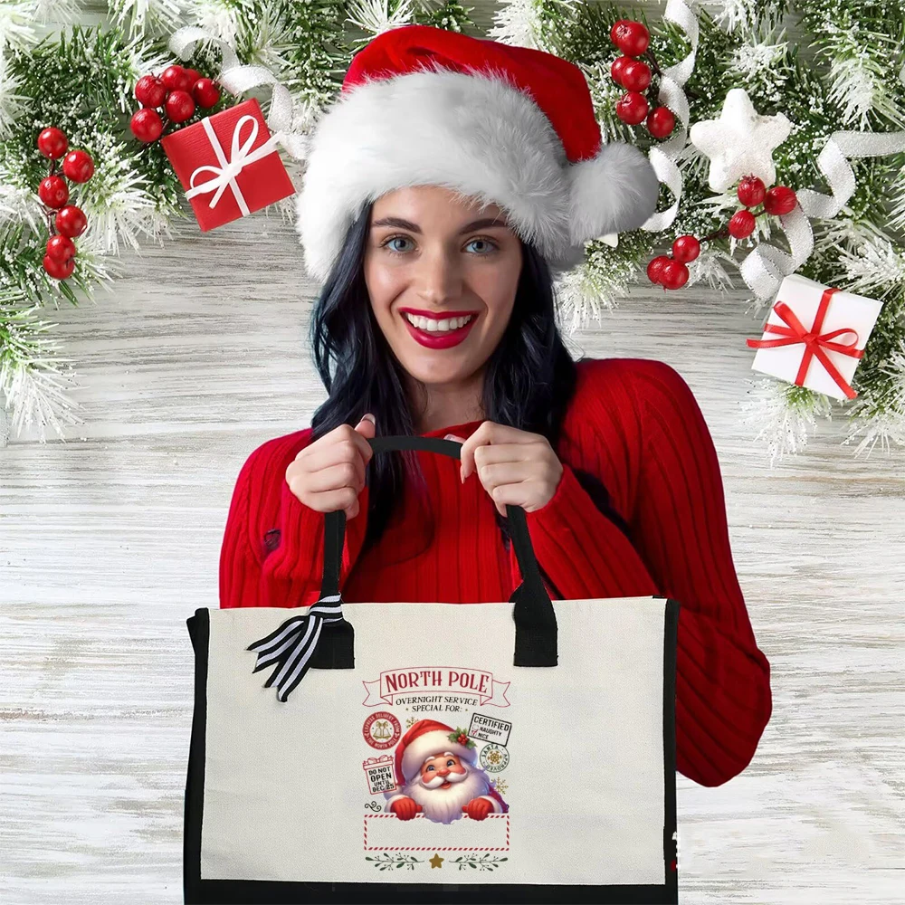 Polarshe Custom Canvas Tote Bag Makeup Bag Set Add Name Santa Sack Custom Merry Christmas Bag Perfect Holiday Gift Bag for Shop