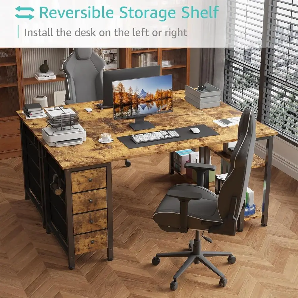 مكتب كمبيوتر بني ريفي حديث مع 4 أدراج قماشية وأرفف تخزين، 63 مكتب دراسة للمكتب المنزلي أو غرفة النوم، مناسب