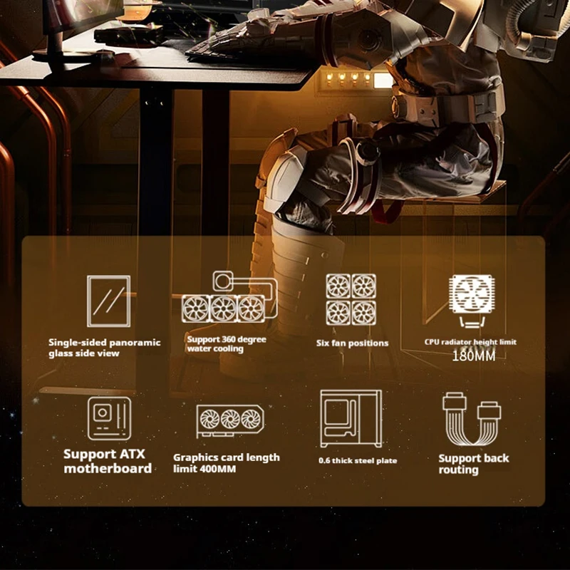 HESTART Star Track X ATX Motherboard Glass Side Transparent TYPE-C Supports 360/240 Water Cooled Desktop Computer Gaming Case
