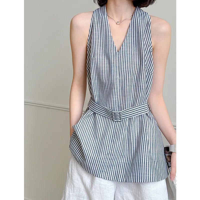 قميص بدون أكمام مخطط برقبة على شكل حرف V صيفي جديد