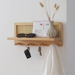 Home Woven Wall Key Hook Storage Rack Solid Wood Rattan Storage Rack Book and Newspaper Rack Magazine Storage Rack Decoration