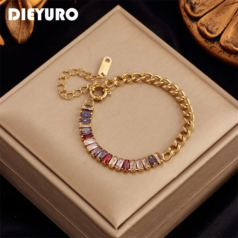 DIEYURO 316L Stainless Steel Colorful Square Crystal Bracelet For Women Luxury Designer Fashion Girls Body Jewelry Wedding Gifts