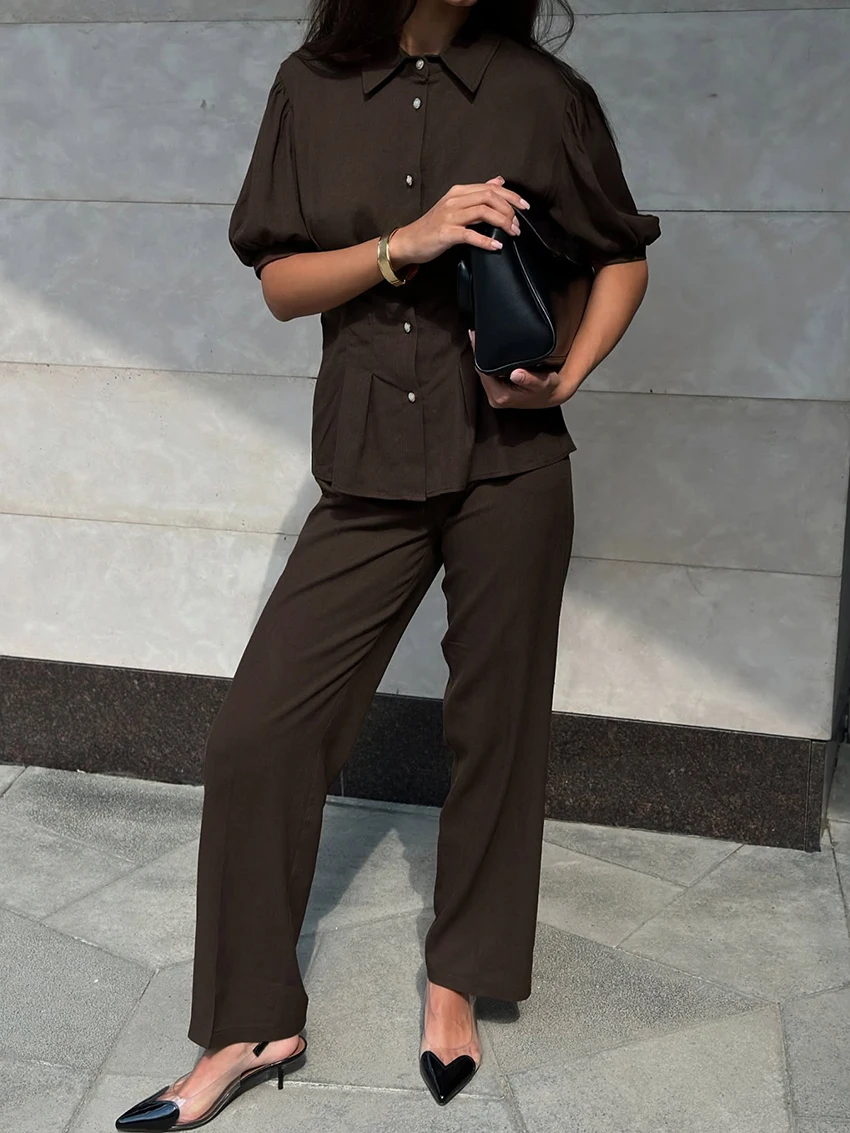 Marthaqiqi Casual Women Nightwear Set Turn-Down Collar Sleepwear Short Sleeve Nightgowns Pants Brown Ladies Pajamas 2 Piece Suit