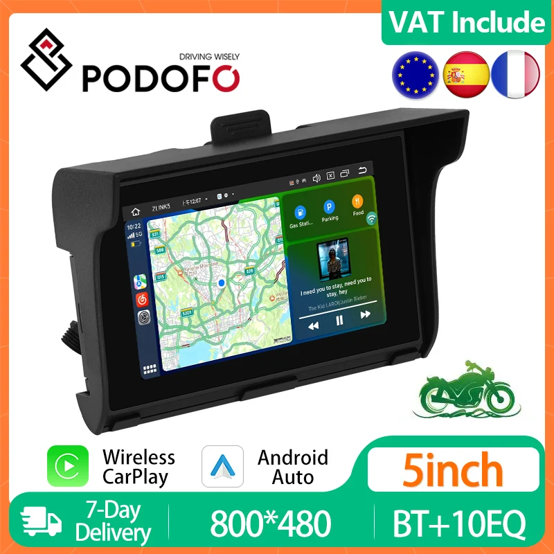 Podofo 5inch Motorcycle Wireless Apple CarPlay Android Auto GPS Navigation Car Radio IP65 Waterproof Moto Touch Screen Display