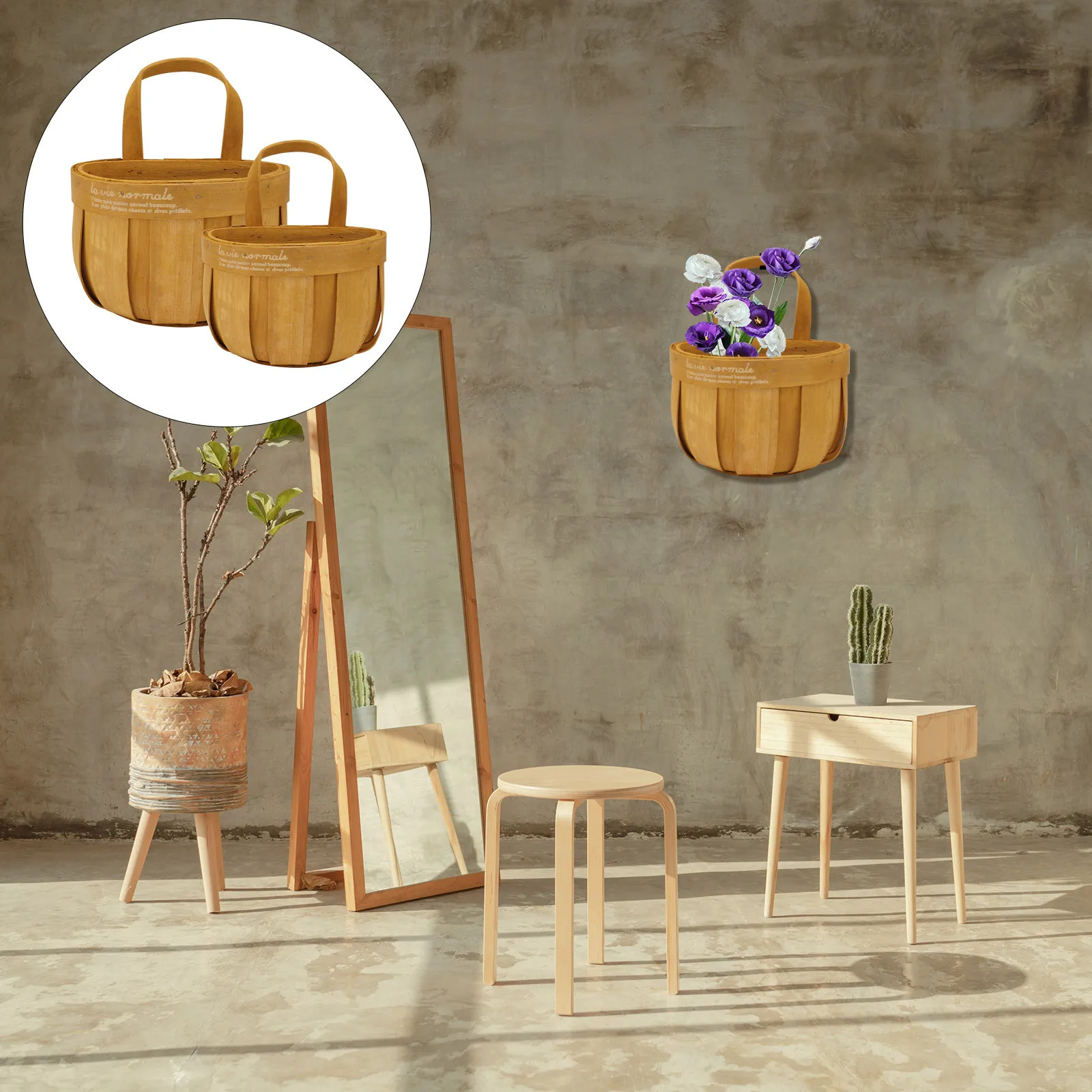 

2pcs Wall Hanging Wooden Storage Basket For Home Decoration Plants Fruits Sundries Woven Wall Flower Basket Decor Hanging