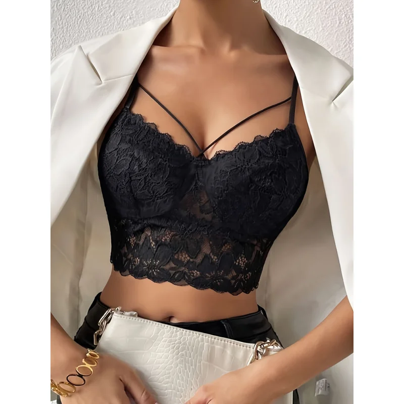 

Women' Sheer Lace Spaghetti Strap Crop Tube Top - Semi-Sheer Stretchable High Elasticity Blouseable Suitable