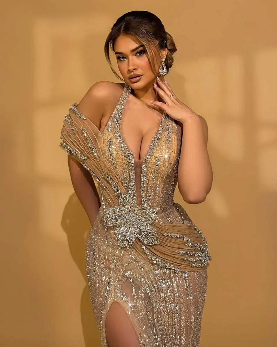 Gaun Prom Celah Samping Glitter Gaun Malam Kristal Berpayet Mewah Gaun Pesta Selebriti Applique Panjang Selantai Disesuaikan