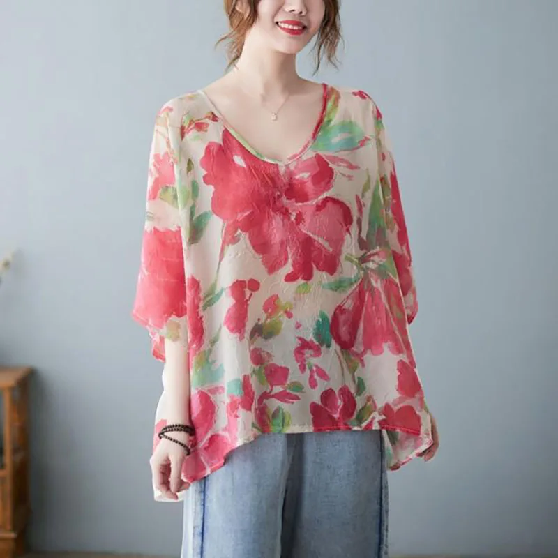 

Vintage Printed V-Neck Floral Blouse Women's Clothing 2023 Summer New Oversized Casual Pullovers Loose Half Sleeve Shirt