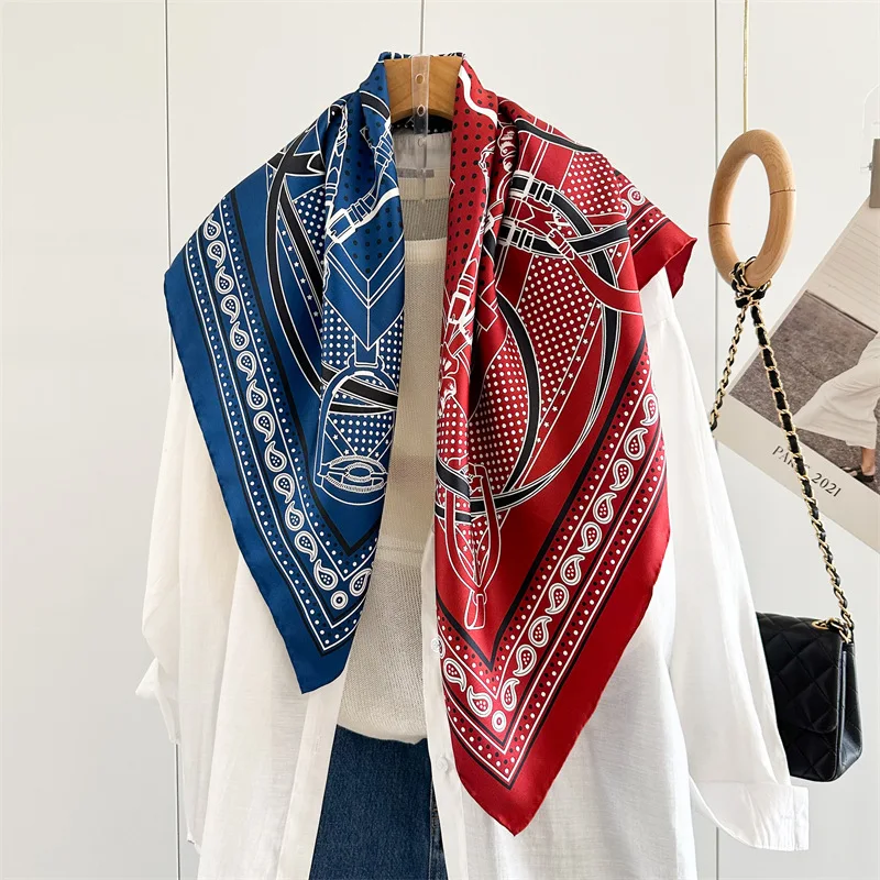 

High-end and Elegant Women Exquisite Red and Blue Scepter Print Quality 14MM Twill Silk Hand-rolled Edge Big Square Scarf Shawl