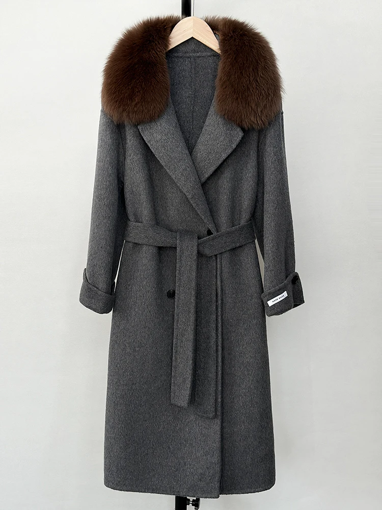 Jaket Bulu Rubah Asli Ukuran Besar untuk Wanita Musim Dingin 2025, Mantel Kasmir Campuran Wol Panjang dengan Sabuk, Pakaian Hangat Wanita untuk Gaya Jalanan