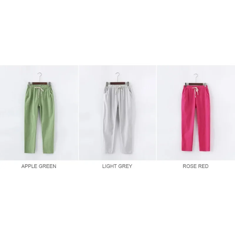 Calças de linho de algodão para mulheres calças soltas casuais cor sólida calças harém capri verão feminino