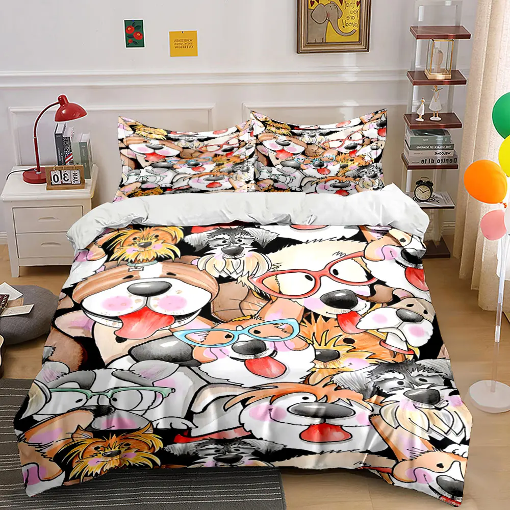 3Pcs Crowded Cartoon Dog Face Bedding Set, Watercolor Puppy Portrait Print Duvet Cover 2 Pillowcases Single Double King Queen