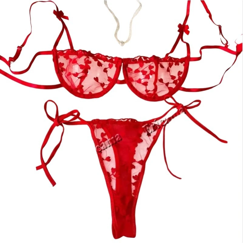 

Sexy Lingerie See Through Mesh Bra & Brief Sets Heart-Shaped Floral Embroidery Fairy Exotic Sets Sensual Fantasy Lace Underwear