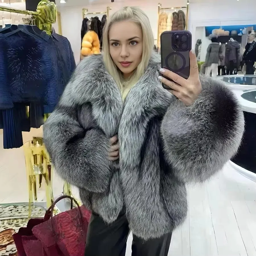 معطف فرو ثعلب حقيقي بياقة قابلة للطي، سترة من فرو الثعلب الفضي الطبيعي، معطف فرو قصير، أفضل سترة شتوية نسائية مبيعًا