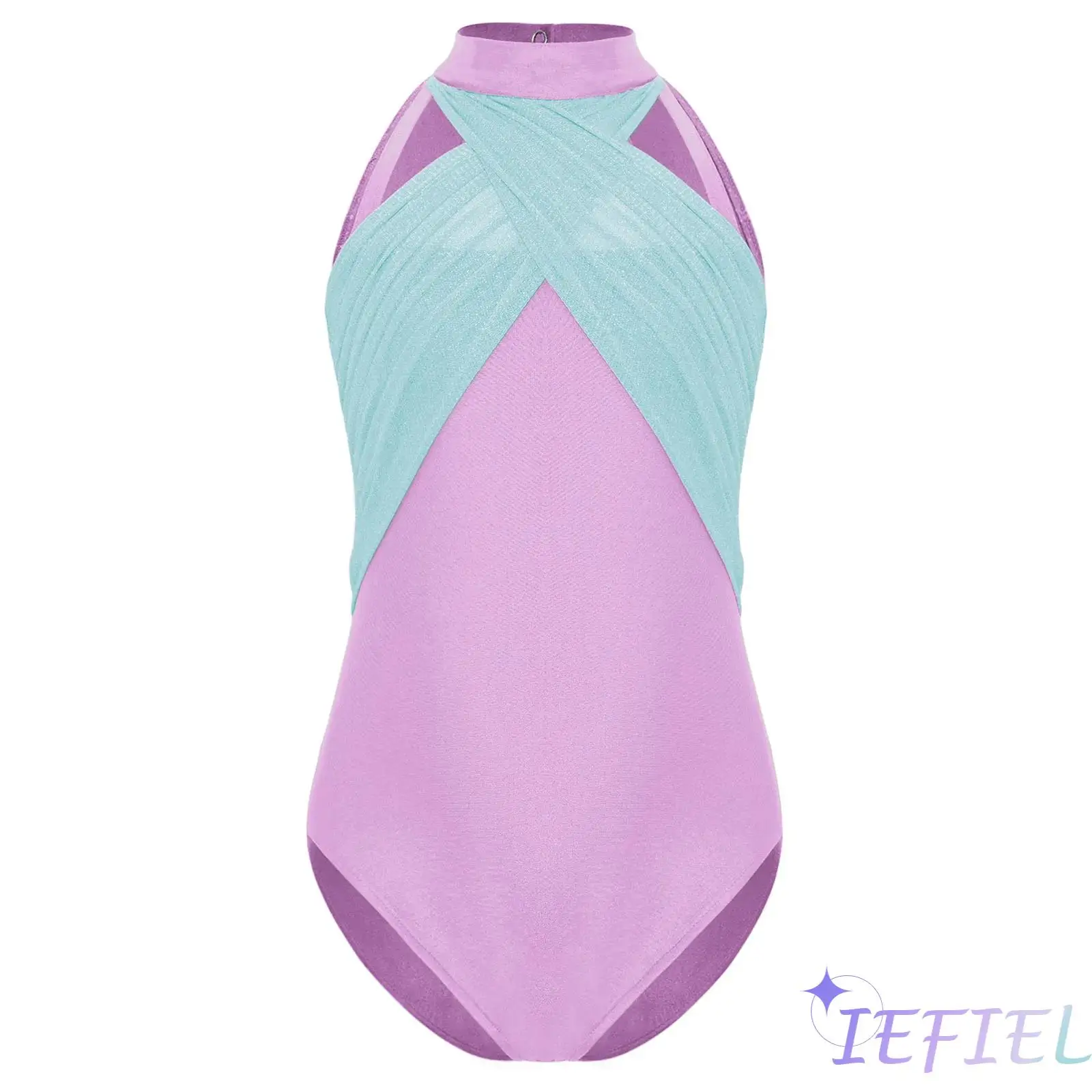 Enfants filles patinage lyrique gymnastique danse justaucorps col montant sans manches dentelle Patchwork découpe dos body Ballet Dancewear