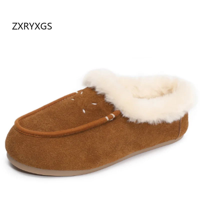 

ZXRYXGS Top Layer Cow Suede Snow Shoes Women Flat Shoes 2025 New Fashion Versatile Comfortable Warm Winter Flats Cotton Shoes