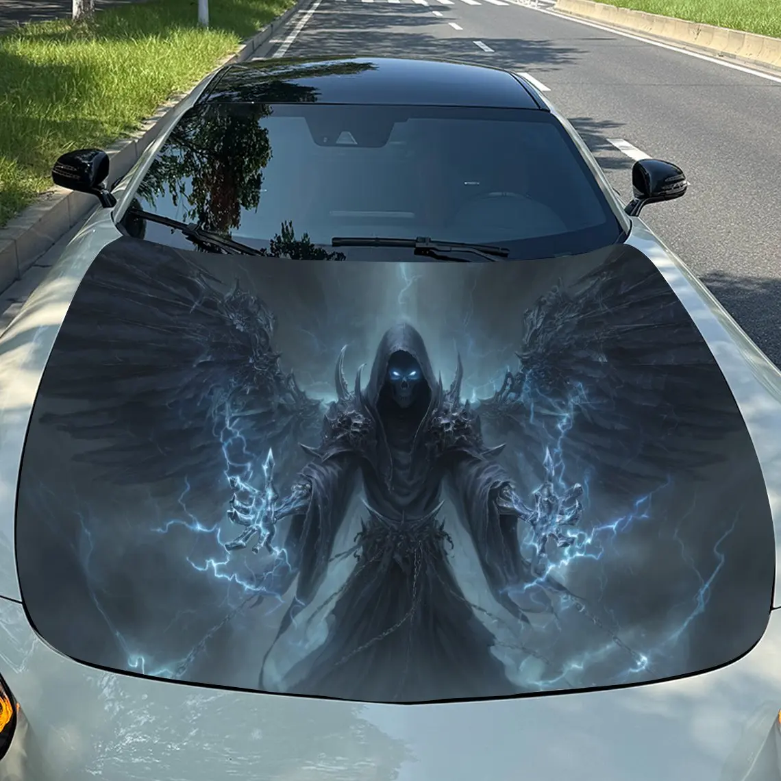 

Thunder-winged Gloomy Skull Car Vinyl Wrap, PVC Material Waterproof Car Hood Sticker, Self-Adhesive Scratch-Resistant Stickers f