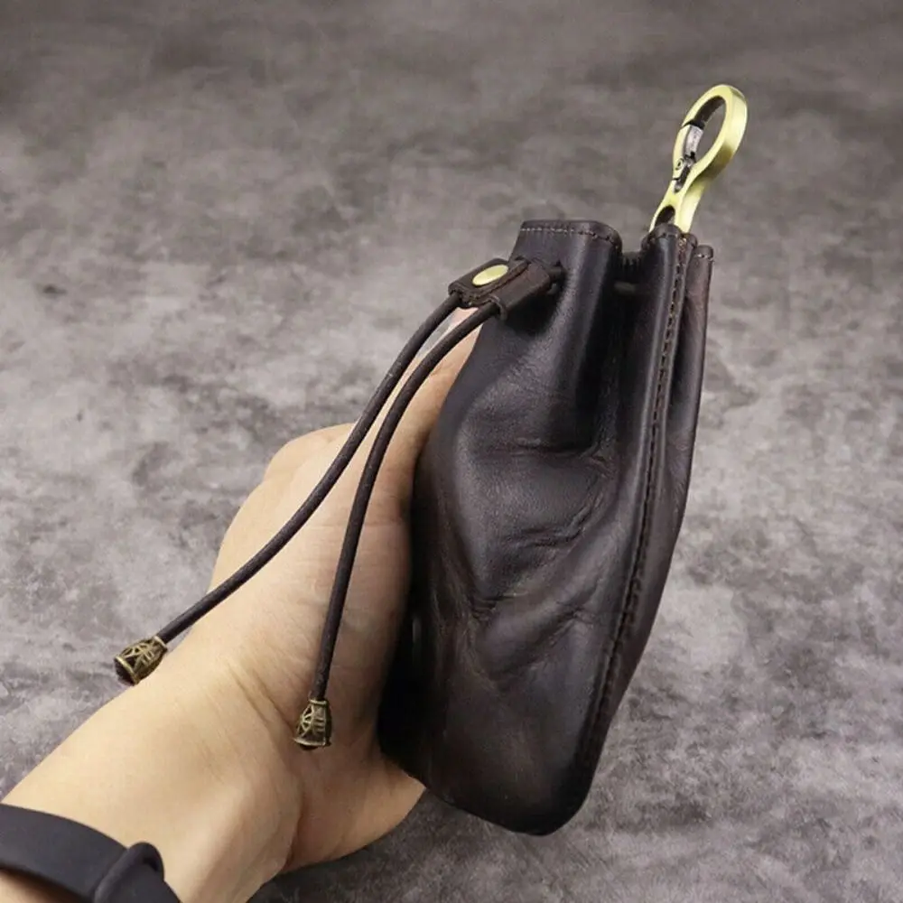 Retro Genuine Leather Coin Purse Pouch Drawstring Wallets Car Key Bag Simple Hanging Bag