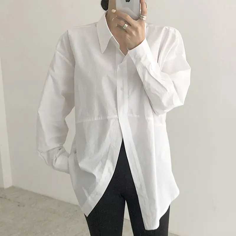 Korean Chic Autumn Minority Simple Lapel Irregular Single-Breasted Loose Solid Color Puff Sleeve Shirt Top for Women