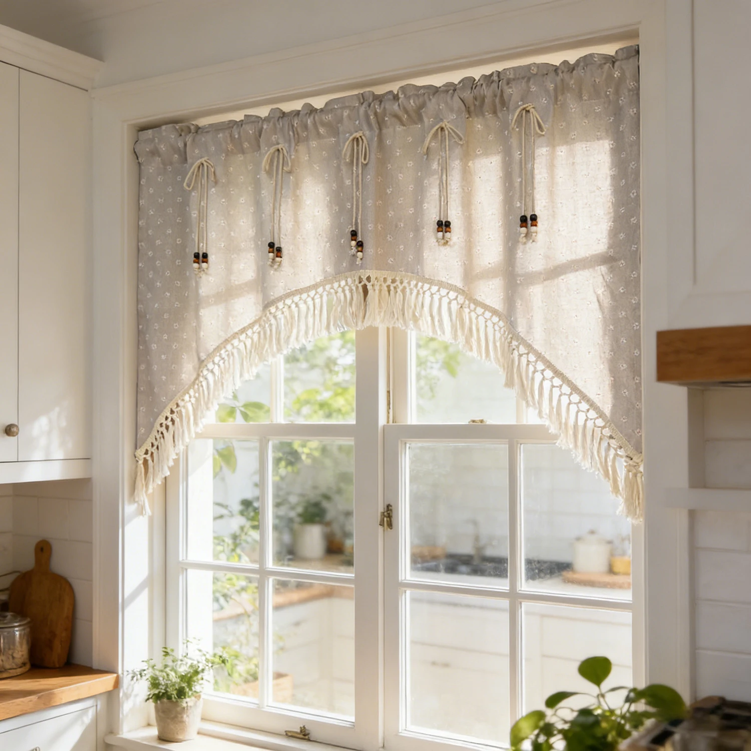 

Bohemian-Style Daisy Print Curved Short Curtains,With Tassel Kitchen Window Valance,Small Window Curtains for Door,window Drapes
