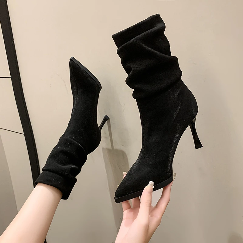 Autumn Heeled Shoes for Women 2023 New Vintage Pionted Toe Thin Heel Women's Mid Calf Boots Wrinkle Ladies Stretch Single Boots