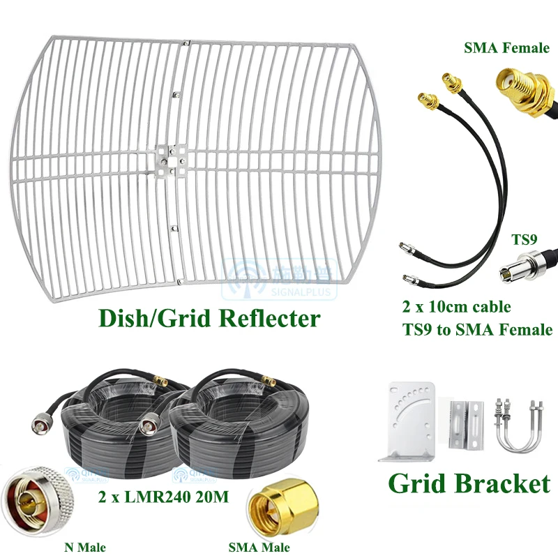 SignalPlus Reflective Antenna Dish Grid, LMR240 Cable, 20m x 2 for Saudi Arabia, 4G, 5G, Feedhorn, Long Range, STC ZAIN, Mobily