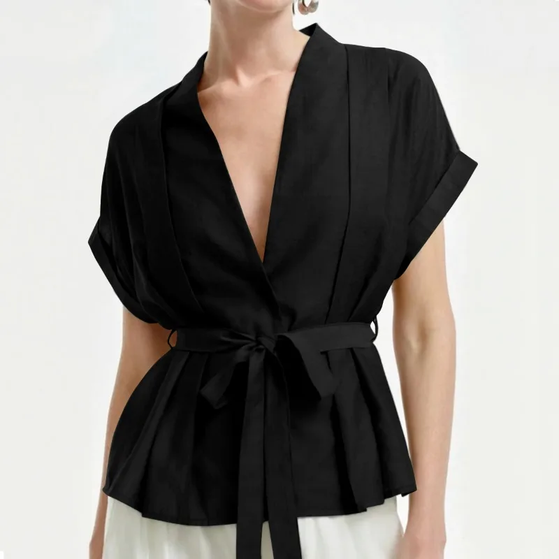 UOOZEE 2026 New Summer Tie Waist Pleated Tops For Women Short Sleeves Deep  V-Neck Loose Fit Office Ladies Commute Blouses view 5