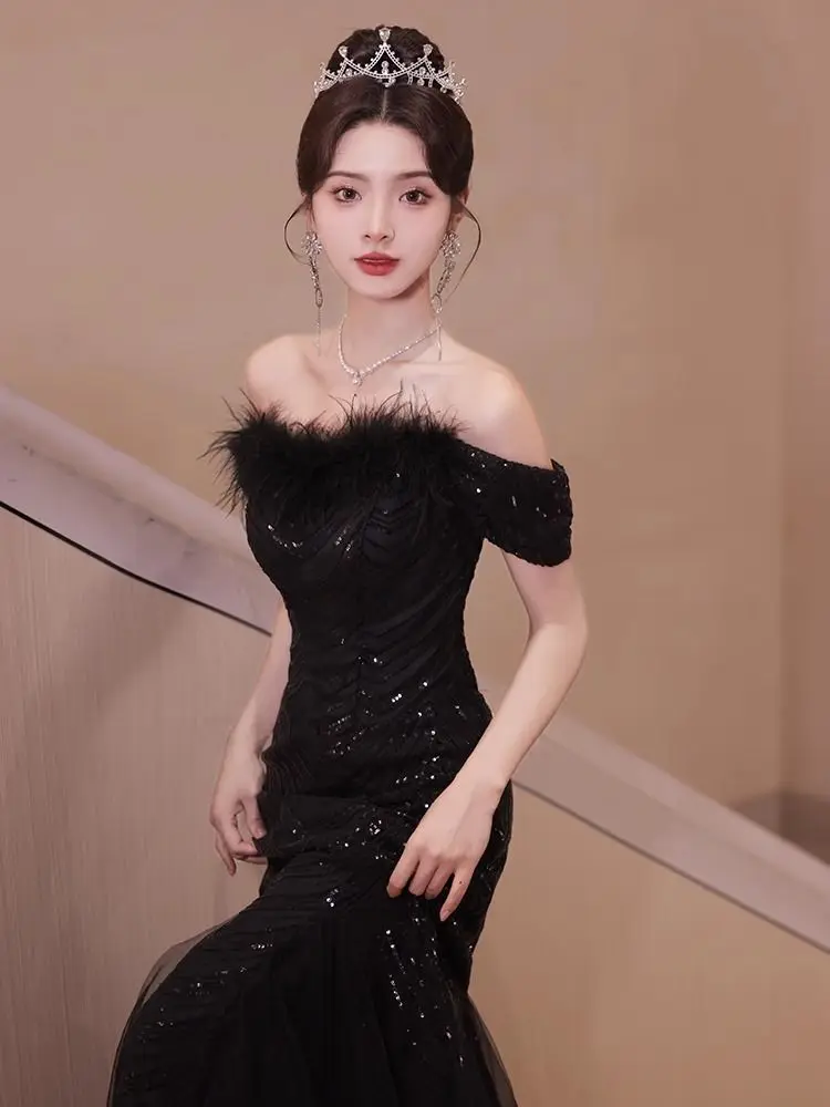 Ele Bla-oulder Evening Gown Women's Luxury Small ence Ball High-End Feel Year End Fi Tail Skirt