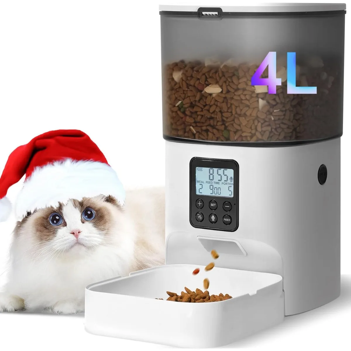 4L Automatic Cat Food Dispenser Timed Pet Feeder Up to 8 Meals Daily Portion Control Dry Kibble Feeder with Voice Recorder
