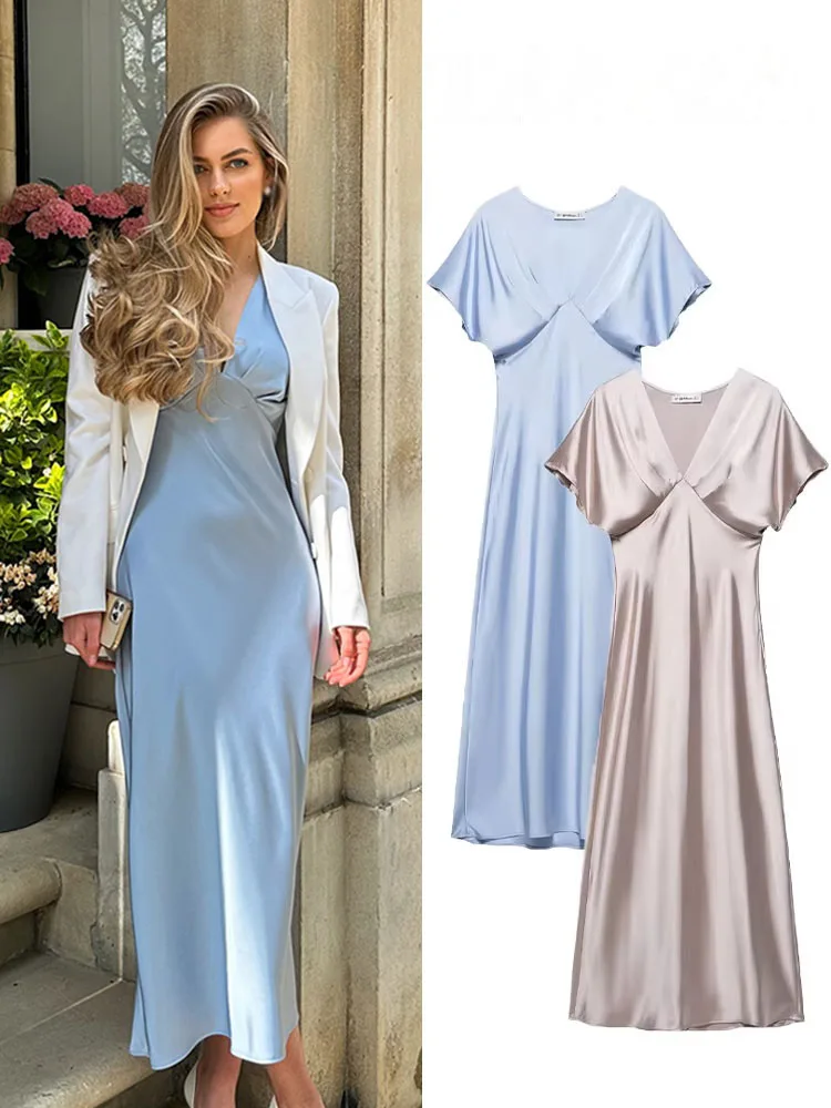 HH ชุดเดรสแฟชั่นฤดูใบไม้ผลิของผู้หญิง เนื้อผ้าซาตินไหมที่ให้ความรู้สึกสบาย แขนสั้น ซิปด้านข้าง จับจีบสไตล์เรโทร ชุดเดรสสไตล์ชุดนอน