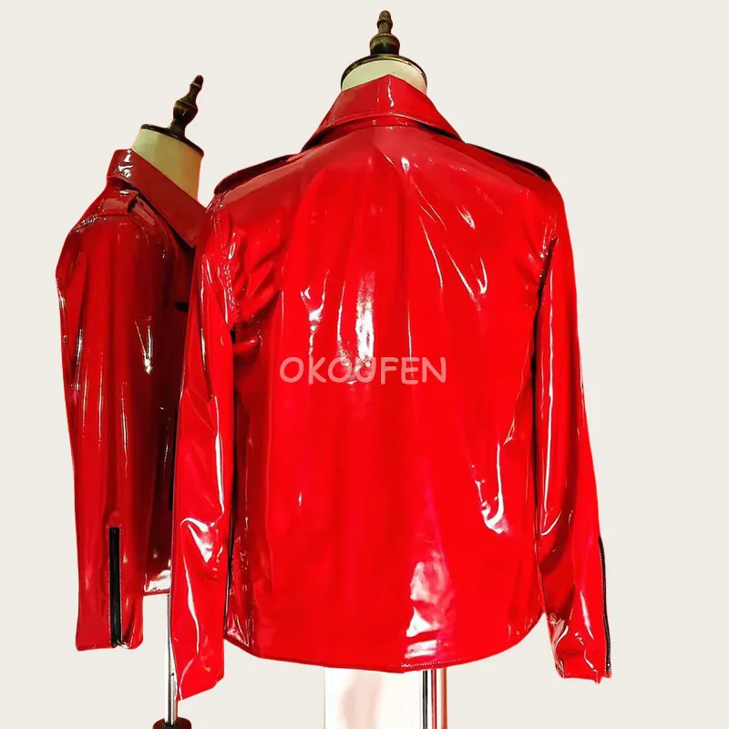 New Men's Red Patent Leather Jacket Motorcycle Punk Leather Coat Nightclub Male Singer DS Stage Costumes