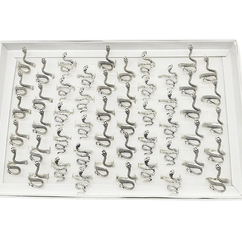 50pcs/Lot Wholesale Mix Style Vintage Silver Color Snake Finger Rings for Women Men Hot Open Adjust Big Animal Jewelry Party Bar