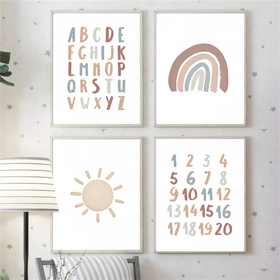 Number Alphabet Sun Rainbow Cloud Wall Art Canvas Painting Nordic Posters And Prints Cartoon Wall Pictures For Kids Room Decor