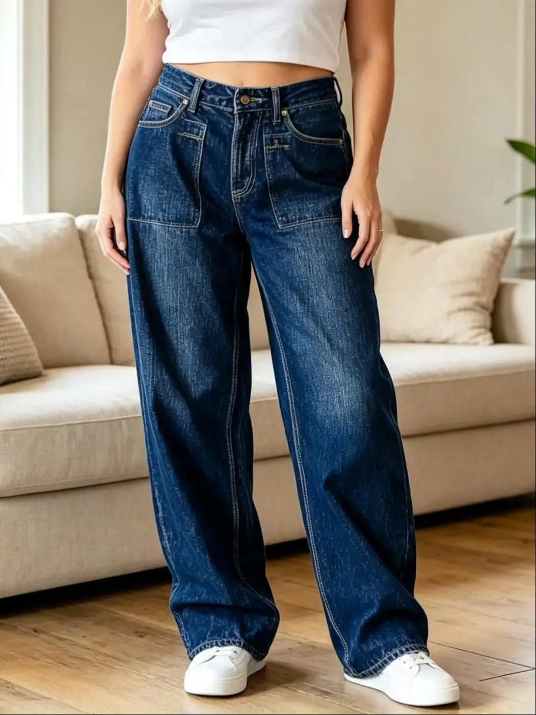 【HME】Jeans | Women High‑Rise Lantern Baggy Wide Leg Denim Pants, Dark Blue Special Shimmer Stone‑Wash Jeans, Front Patch Pockets With Contrast Bold Stitching, Heavy Sturdy Fabric Leg‑Flattering, American Retro Workwear Casual Pants