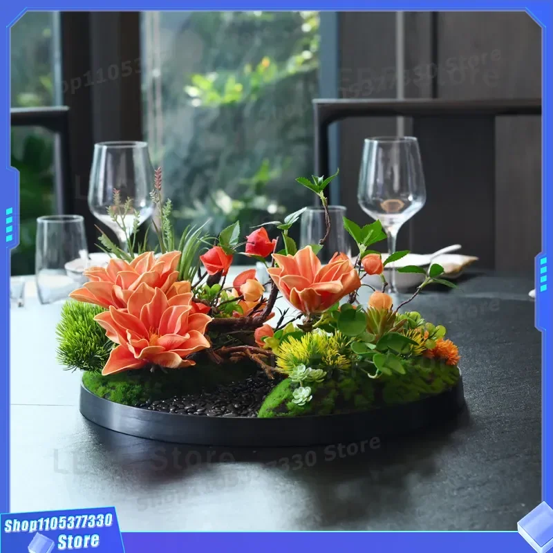 New Chinese Style Large Round Dining Table with Central Floral Landscape Simulation Flower Turntable Decoration for Hotel Box